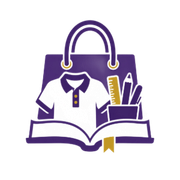 Backpack with school shirt, ruler and pencils in an open book, in purple and gold