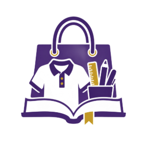 Backpack with school shirt, ruler and pencils in an open book, in purple and gold