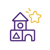 Purple line-art school icon with yellow star on a white background