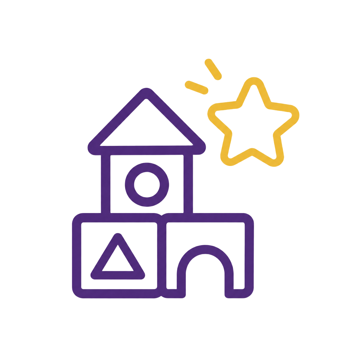 Purple line-art school icon with yellow star on a white background