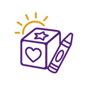 Purple cube with heart and star icons, yellow rays above, and a purple crayon beside it