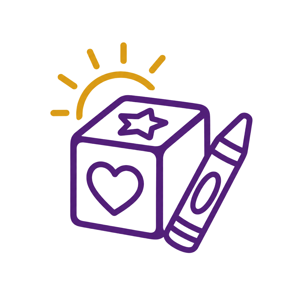 Purple toy block with heart and star, beside a crayon, with yellow sun rays above