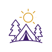 Purple line-art camping scene with tent, pine trees, mountains, and a yellow sun