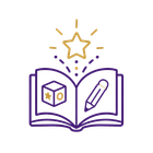 Open book with pencil, cube, and star icon in purple and gold line art