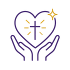 Purple line-art hands holding a heart with a cross and gold sparkles