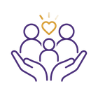 Purple outline of hands holding three people icons beneath a gold heart