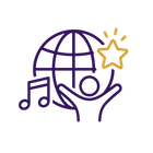 Purple line icon of globe, music note, hands, and gold star