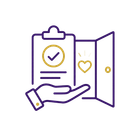 Clipboard with checkmark above open hand and door, in purple and gold line art.