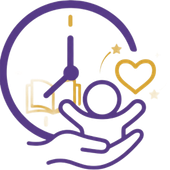 Purple and gold icon of hands holding a child, with clock, open book, and heart symbols