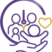 Purple and gold icon of a family held in caring hands with a heart symbol