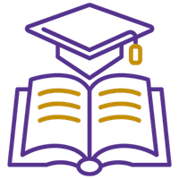 Purple line icon of a tent in mountains with pine trees and a yellow sun