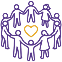 Purple people holding hands in a circle around a gold heart icon