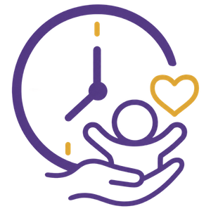 Purple clock and hands cradling a person icon with a gold heart