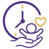 Purple clock and hands cradling a person icon with a gold heart