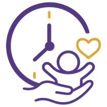 Purple clock and caring hands holding a person icon with a gold heart, suggesting support and time care