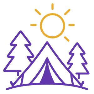 Purple line icon of a tent in mountains with pine trees and a yellow sun