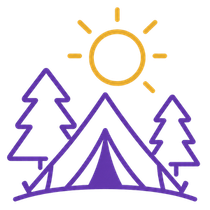 Purple line-art campsite with two pine trees, a tent, and a yellow sun above mountains