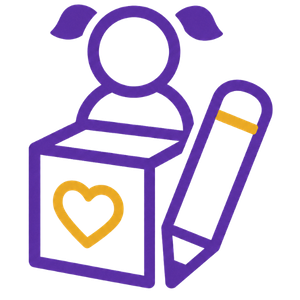 Purple line icon of a child in a heart-decorated box with a pencil beside it