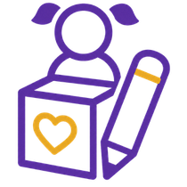 Purple outline icon of a person, pencil, and heart on a box, suggesting a drawing or creativity theme