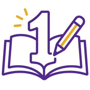 Purple open book with a large number 1 and pencil icon, suggesting learning or writing