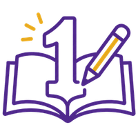 Purple open book with a large number 1 and pencil icon, suggesting learning or writing