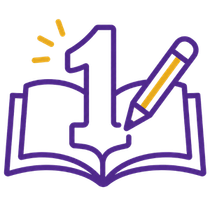 Open book with a large purple number 1 and a pencil icon in yellow and purple