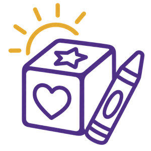 Purple cube and crayon with sun rays, featuring a heart and star icons