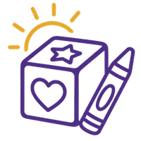 Purple cube and crayon with sun rays, featuring a heart and star icons