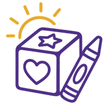 Purple outlined toy block with heart and star, next to a crayon, with yellow sun rays above.