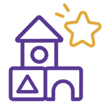 Purple and gold outline of a house with star accents and geometric shapes inside