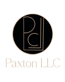 Logo for Paxton LLC: Black circle with gold outline and the letters 