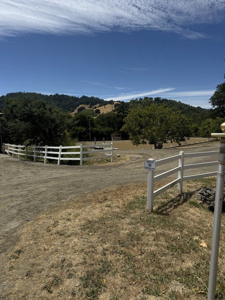 White fence and gravel driveway leading towards trees and hills under a blue sky.