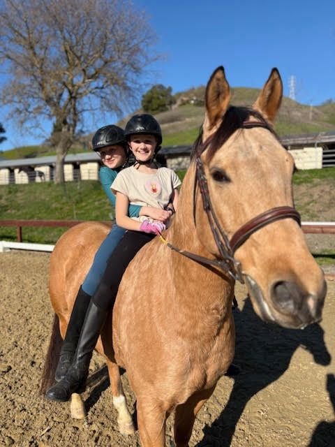 Woman in riding gear smiles, petting a dark horse outdoors.