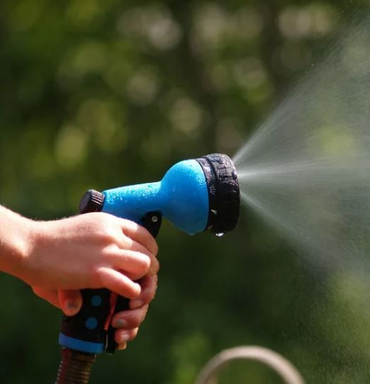A person is spraying water from a blue hose.
