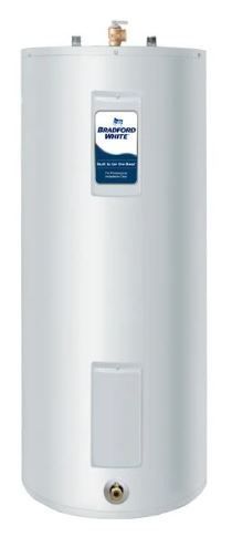 A white water heater with a blue label on it
