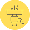 A line drawing of a sink with a faucet in a yellow circle.
