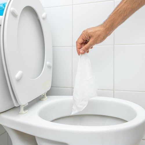 A person is holding a piece of toilet paper over a toilet.