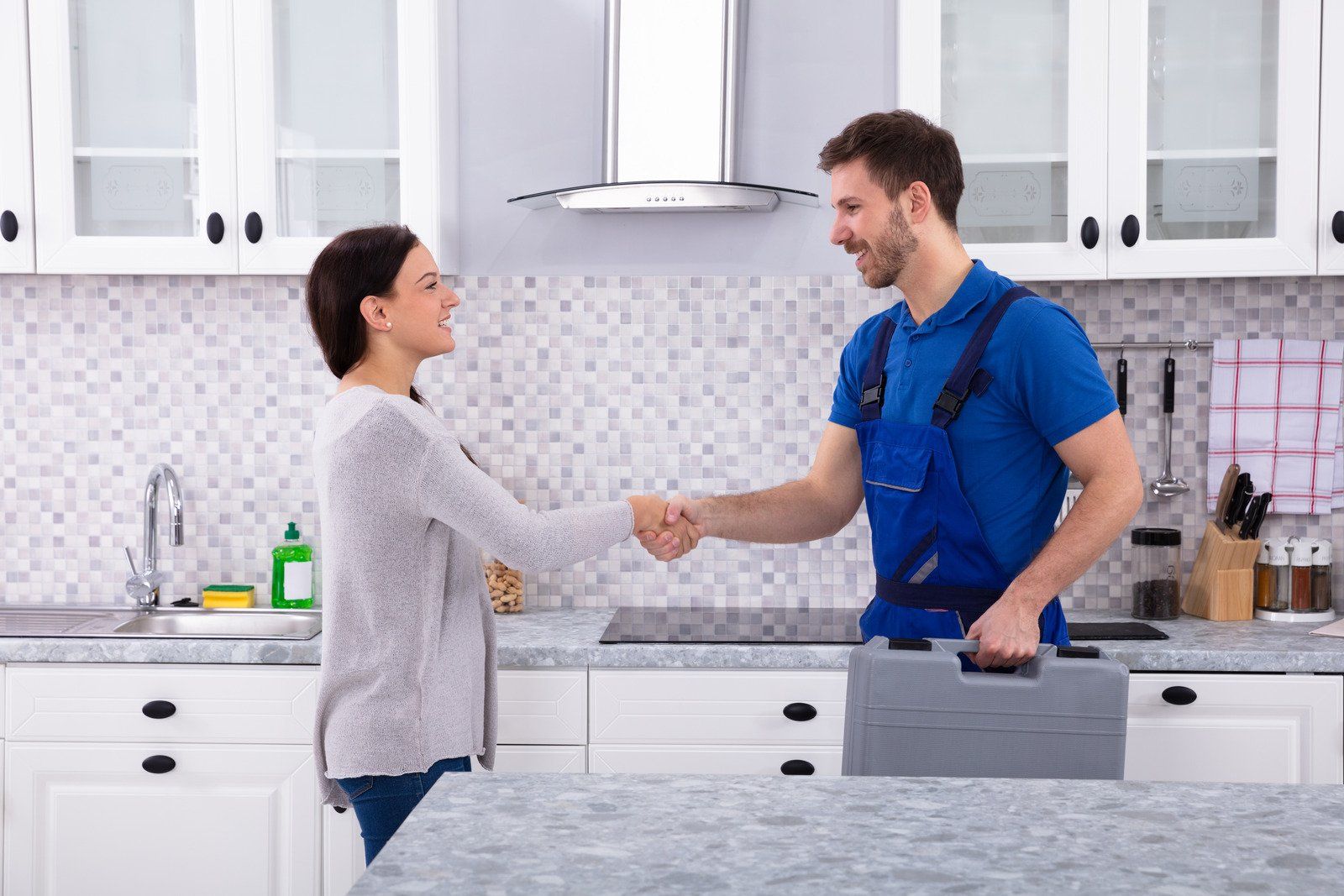 A plumber is shaking hands with a woman in a kitchen.