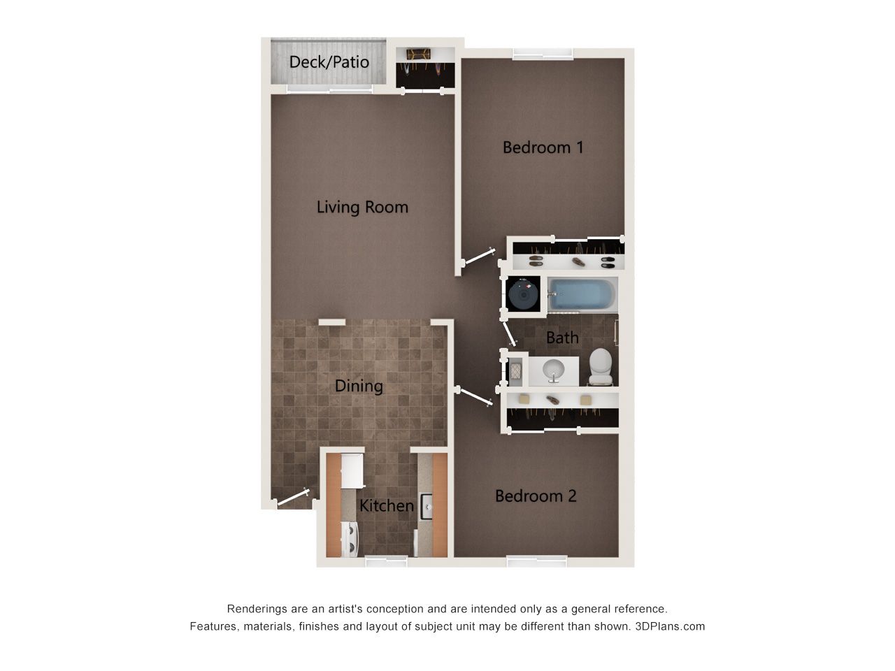 Floor plan of a two-bedroom apartment with a living room, kitchen, and bathroom.