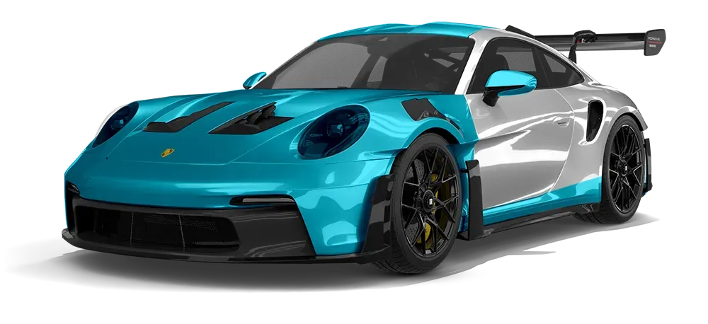Turquoise and gray sports car with a large rear wing on a white background