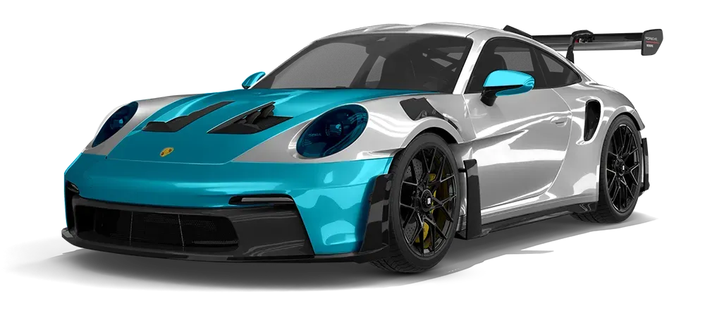 Turquoise and silver Porsche sports car with black wheels and rear wing on a white background