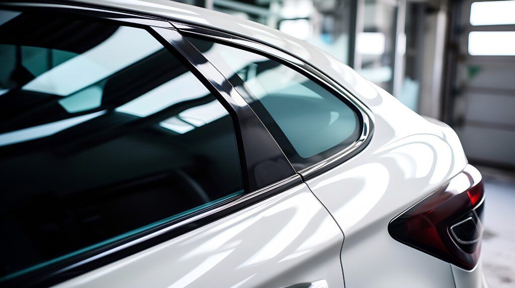 A close up of the back of a white car in a garage.