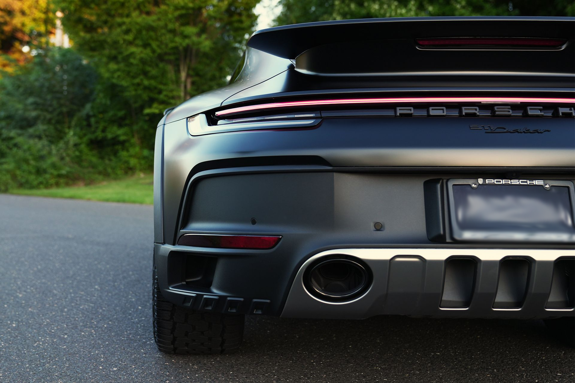 Rear view of a black Porsche sports car parked on a road beside greenery