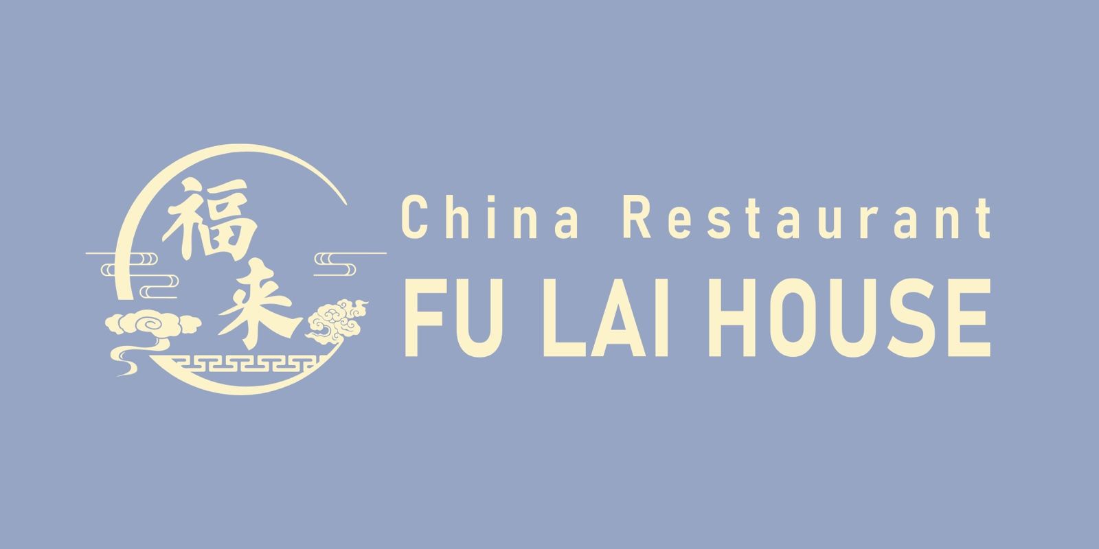 Logo eines China-Restaurants für Fu Lai House auf hellblauem Hintergrund mit cremefarbener Schrift und chinesischen Schriftzeichen