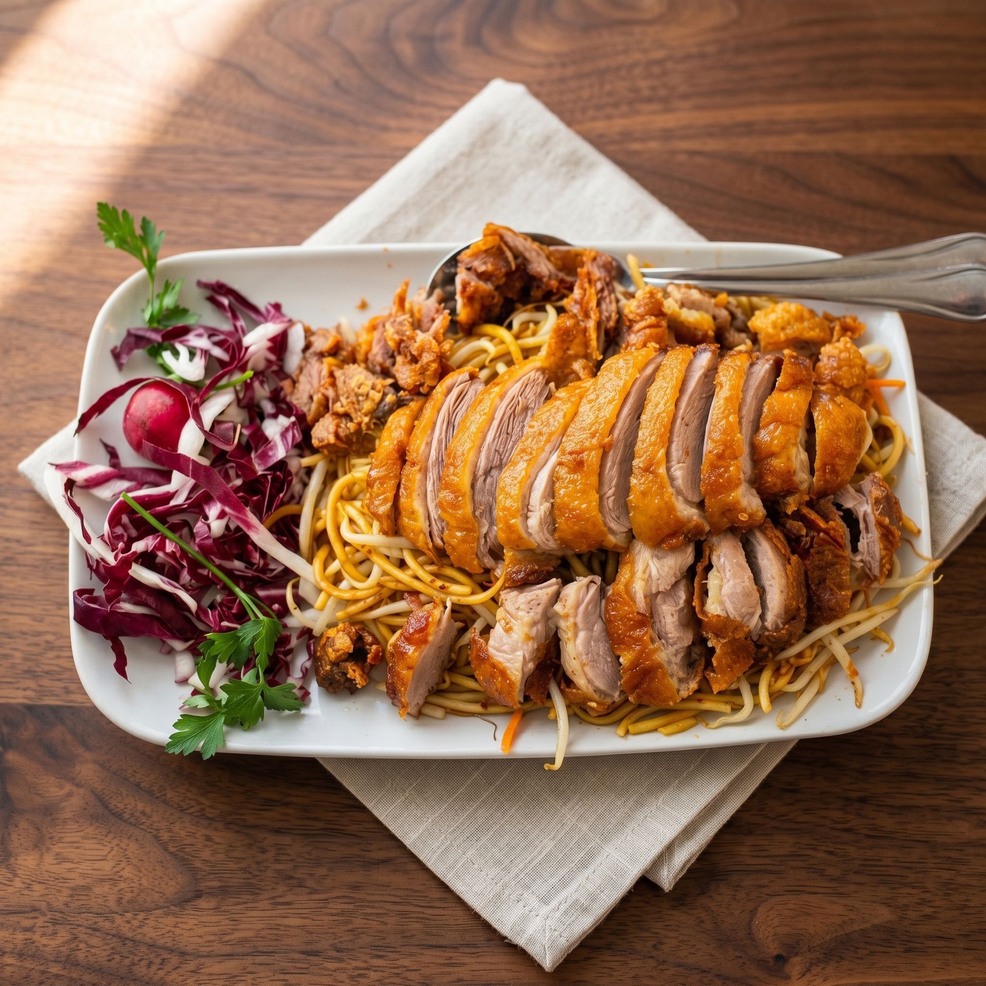 Teller mit aufgeschnittenem Braten auf Reisnudeln, dazu Rotkohlsalat, auf einem Holztisch