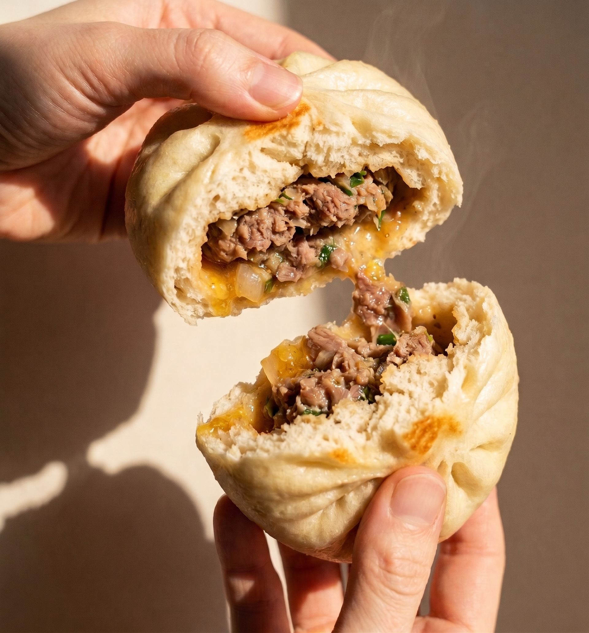 Hände, die ein mit Fleisch gefülltes Brötchen mit geschmolzenem Käse und Kräutern auseinanderziehen