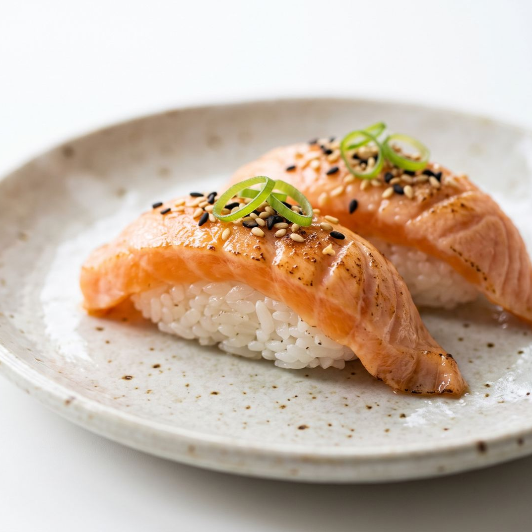Zwei Stücke angebratenes Lachs-Nigiri mit Frühlingszwiebeln und Sesam auf einem weißen Teller