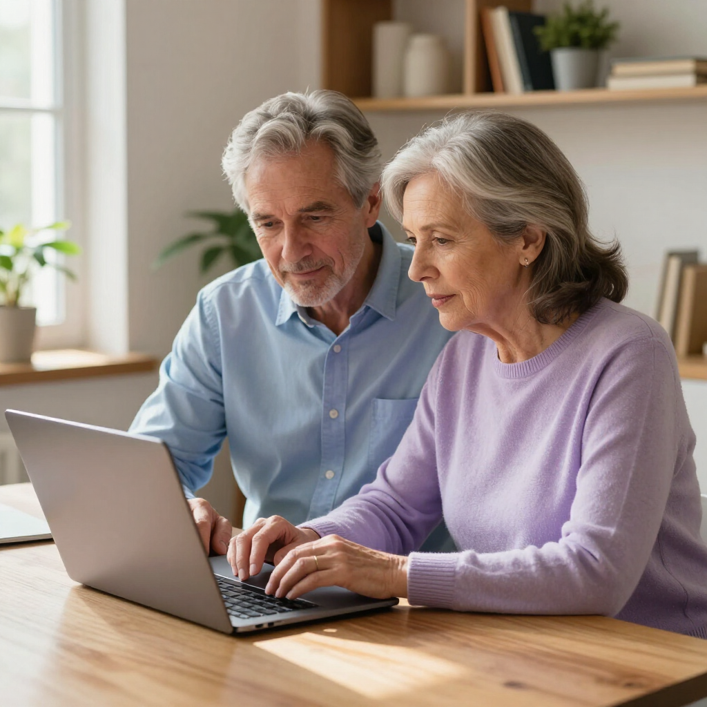 Older couple using a laptop together at a wooden table in a bright home office