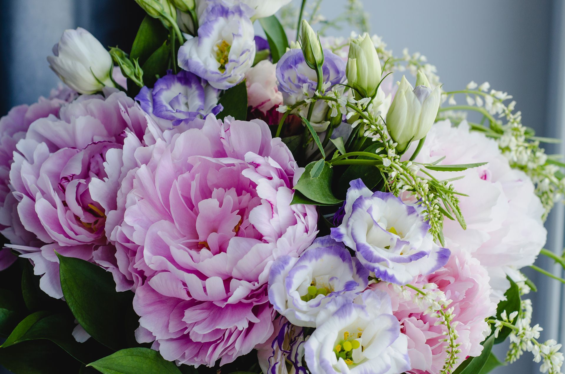 Bouquet of pink, purple, and white flowers with green foliage on a soft gray background
