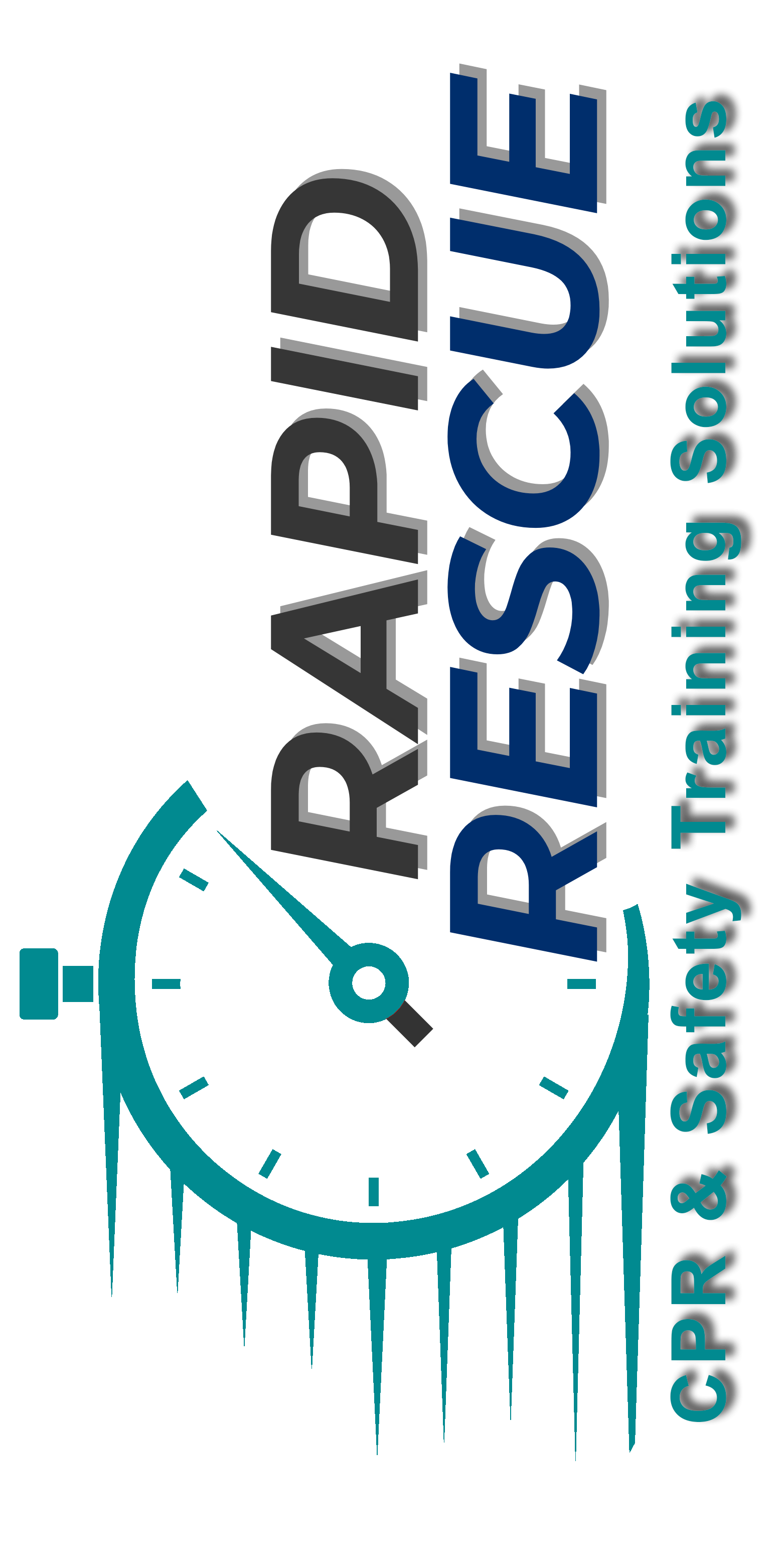 Logo for Rapid Rescue CPR & Safety Training Solutions featuring a teal stopwatch with a trailing motion effect.
